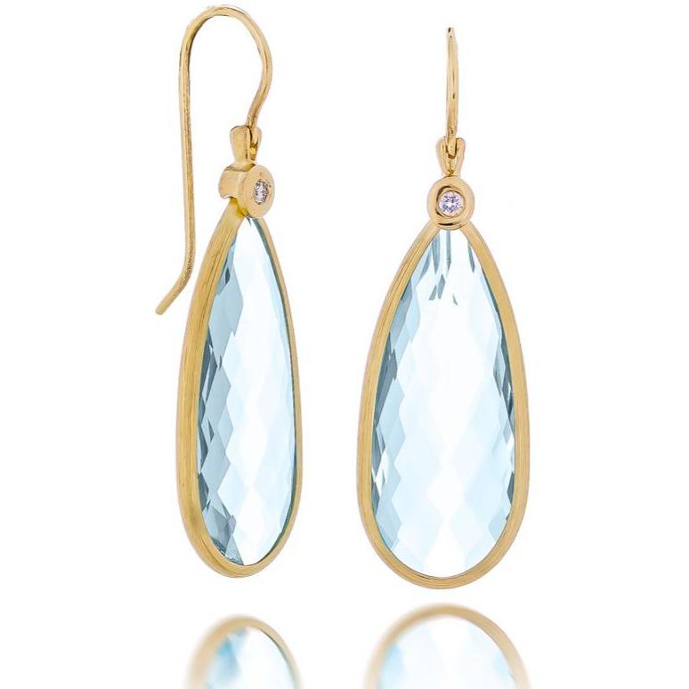Dalia T Earrings Color Collection 14KT Yellow Gold Blue Topaz & Diamond long Teardrop Earrings