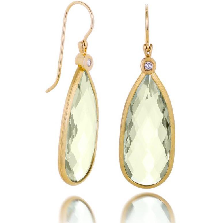 Dalia T Earrings Color Collection 14KT Yellow Gold Green Amethyst & Diamond Long Teardrop Earrings
