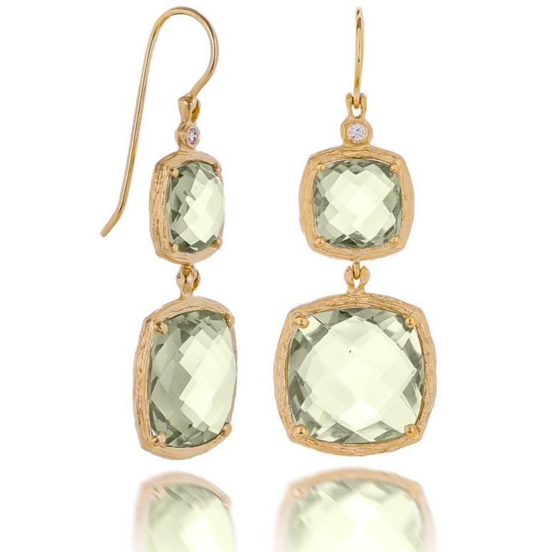 Dalia T Earrings Color Collection 14KT Yellow Gold Green Amethyste & Diamond Cushion Cut Elongated Earrings