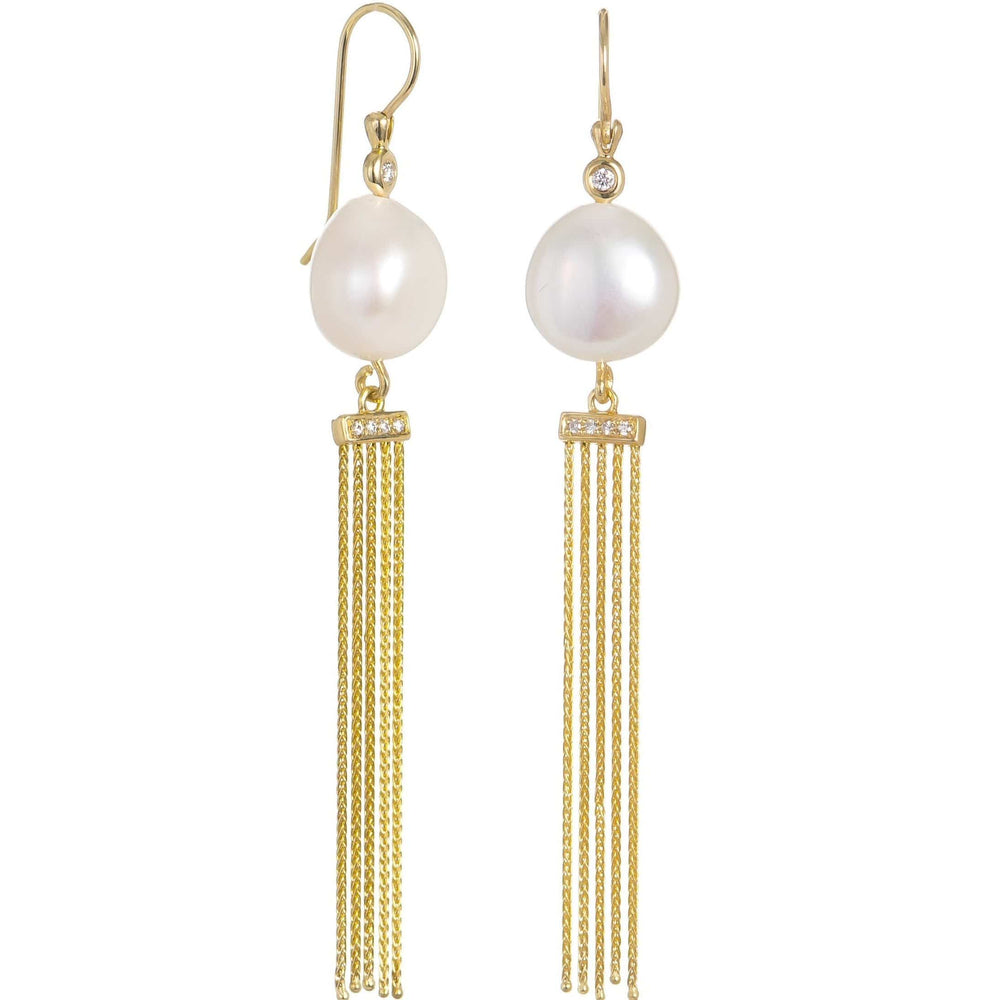 Dalia T Earrings Luster Collection 14KT White Gold  Pearl & Diamonds long Drop Earrings