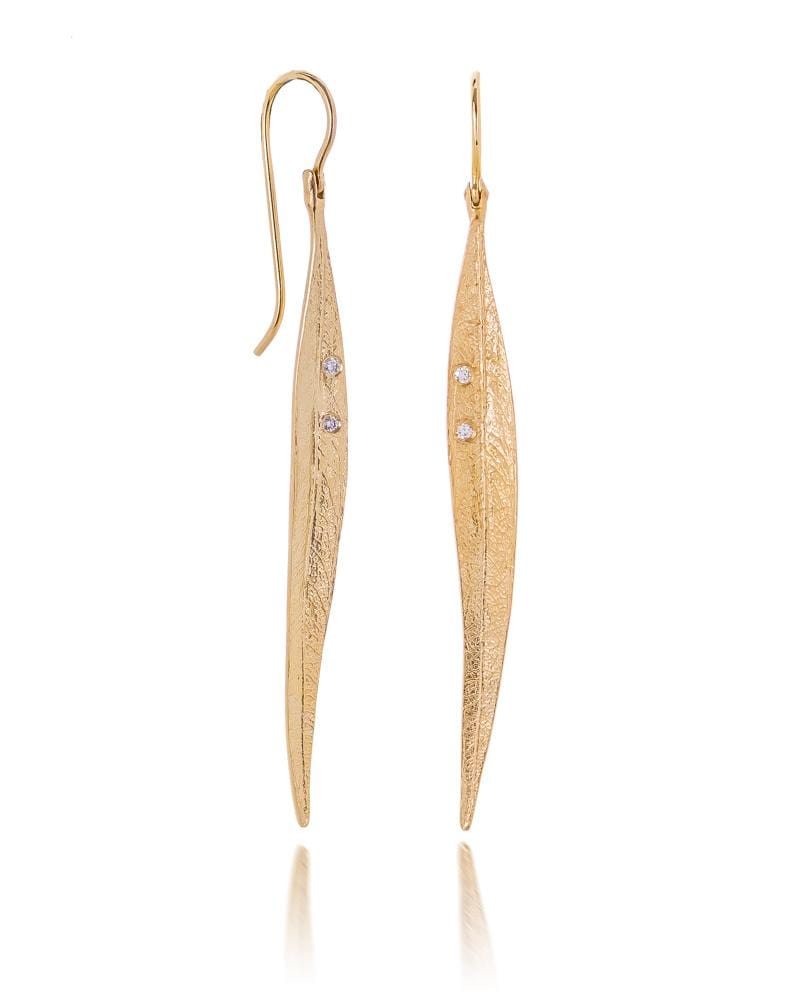 Dalia T Earrings Nature Collection 14KT Yellow Gold Diamonds long Leaf Earrings