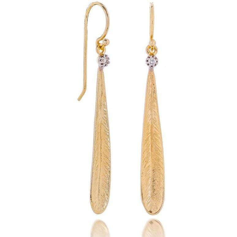 Dalia T Earrings Nature Collection 14KT Yellow Gold Diamonds Round Edge Leaf Earrings