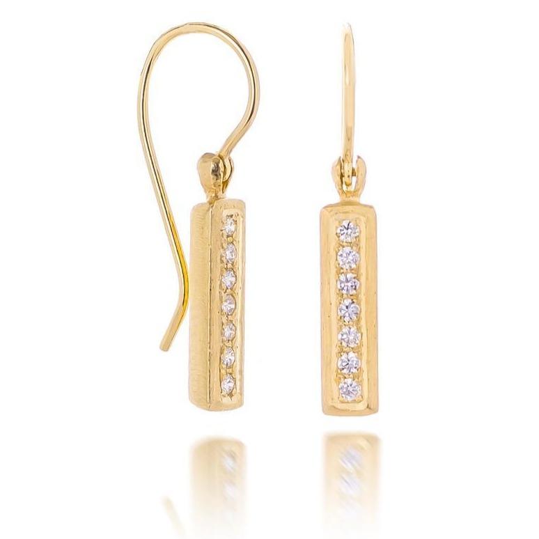 Dalia T Earrings Textured Gold Signature Collection 14KT Yellow Gold Diamond Bar Dangle Earrings