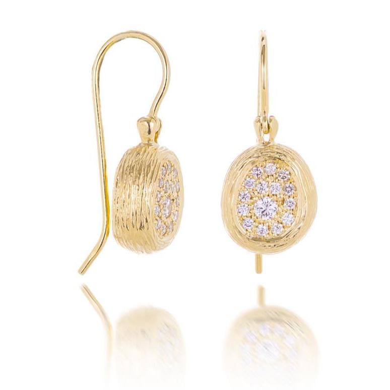 Dalia T Earrings Textured Gold Signature Collection 14KT Yellow Gold & Diamond Pavé Oval dangle Earrings