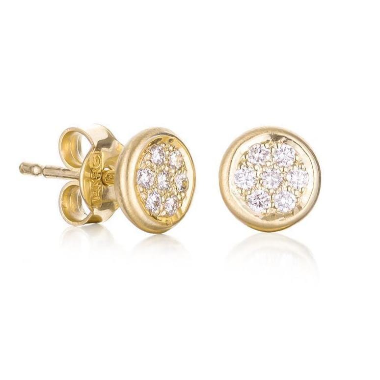 Dalia T Earrings Textured Gold Signature Collection 14KT Yellow Gold & Diamond Pavé Round Stud Earrings