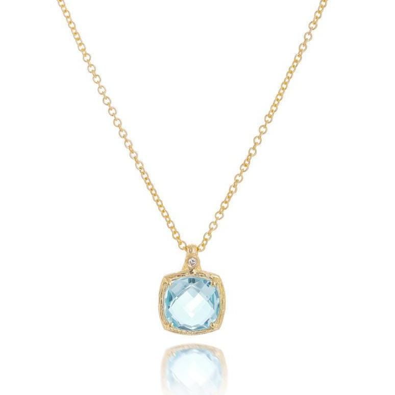 Dalia T Necklace Color Collection 14KT Yellow Gold Blue Topaz & Diamond Pendant Necklace