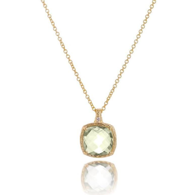 Dalia T Necklace Color Collection 14KT Yellow Gold Green Amethyst & Diamond Cushion Cut Pendant Necklace