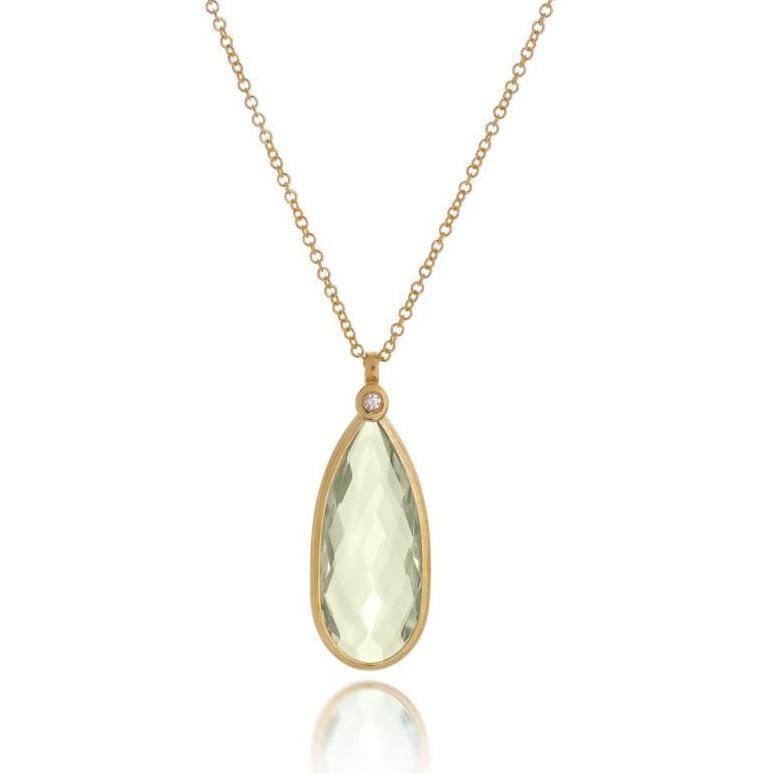 Dalia T Necklace Color Collection 14KT Yellow Gold Green Amethyst & Diamond long Teardrop Pendant Necklace