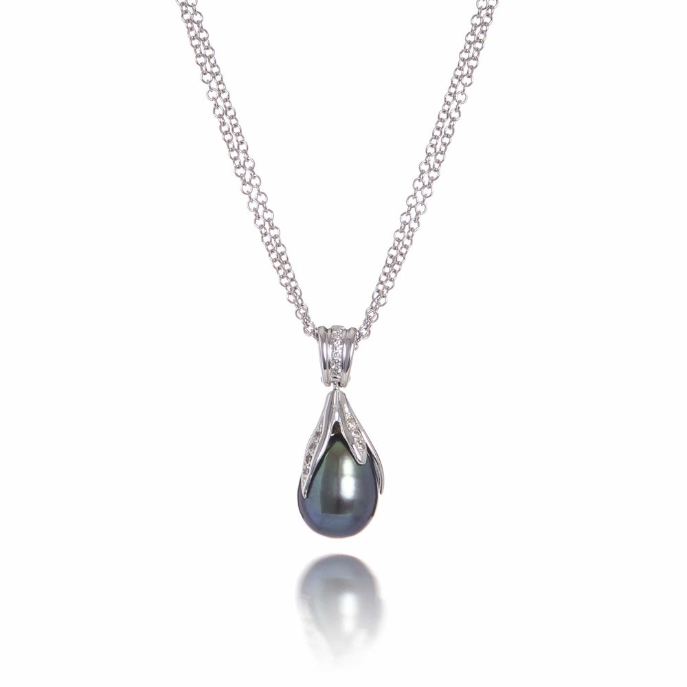 Dalia T Necklace Luster Collection 14KT White Gold Black Pearl & Diamond Pendant Necklace