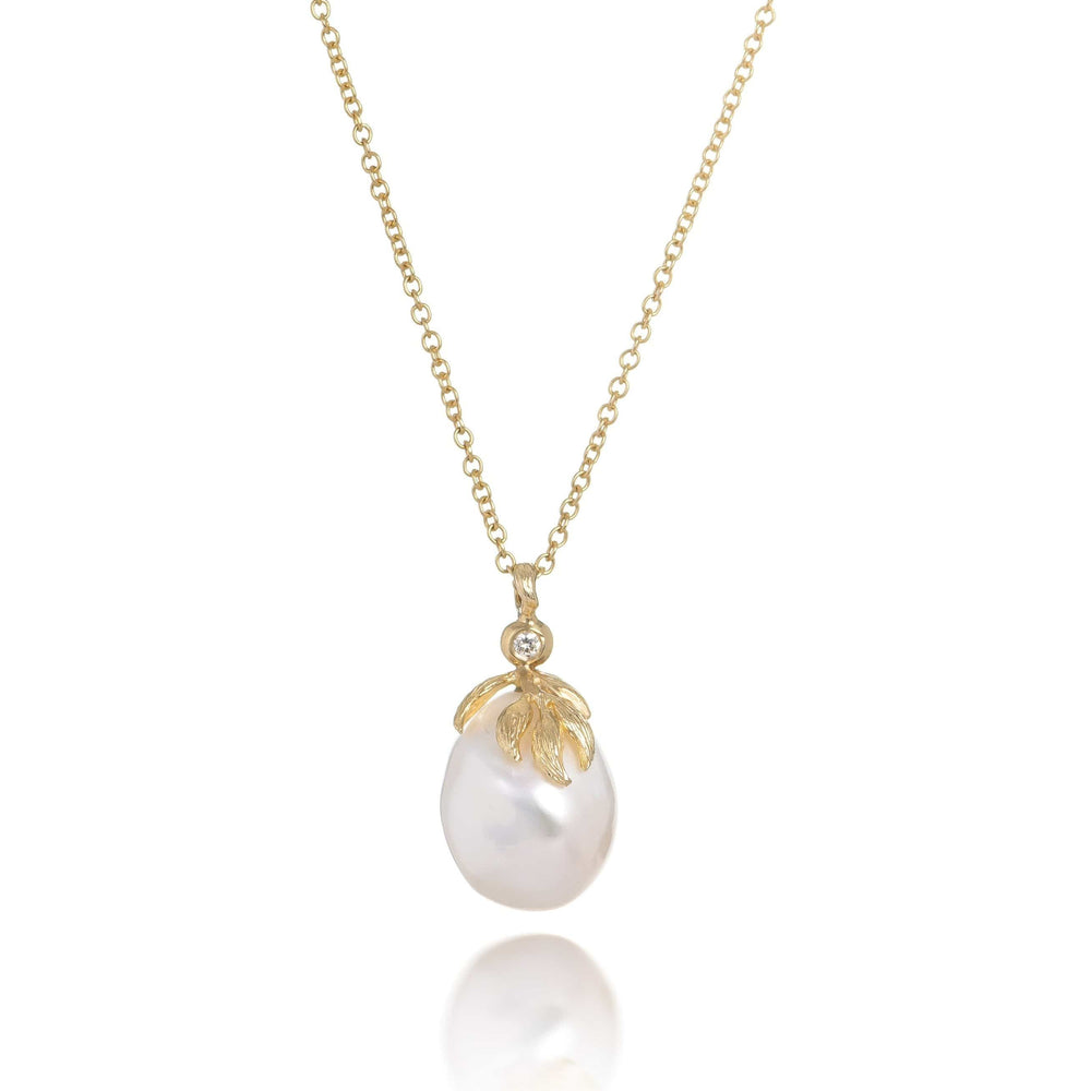 Dalia T Necklace Luster Collection 14KT Yellow Gold & Diamond Pearl Pendant Necklace