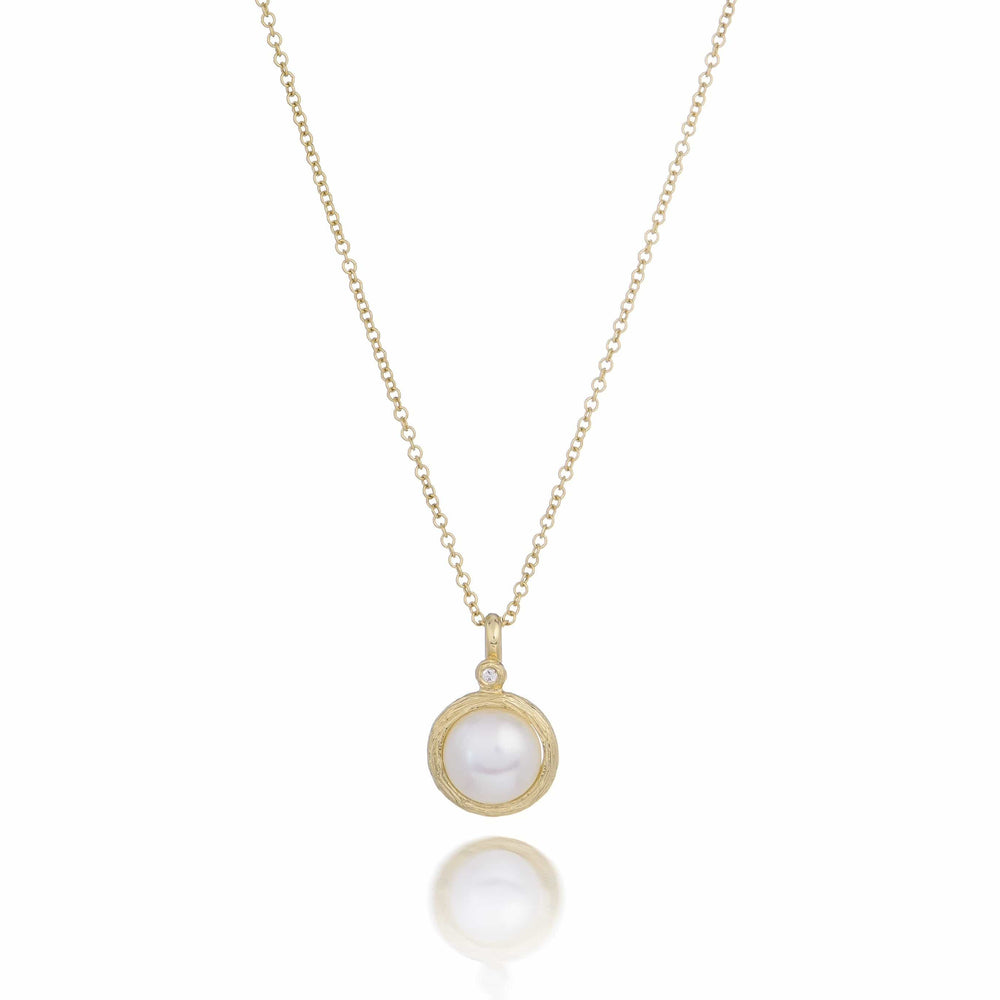 Dalia T Necklace Luster Collection 14KT Yellow Gold Pearl & Diamonds Pendant Necklace