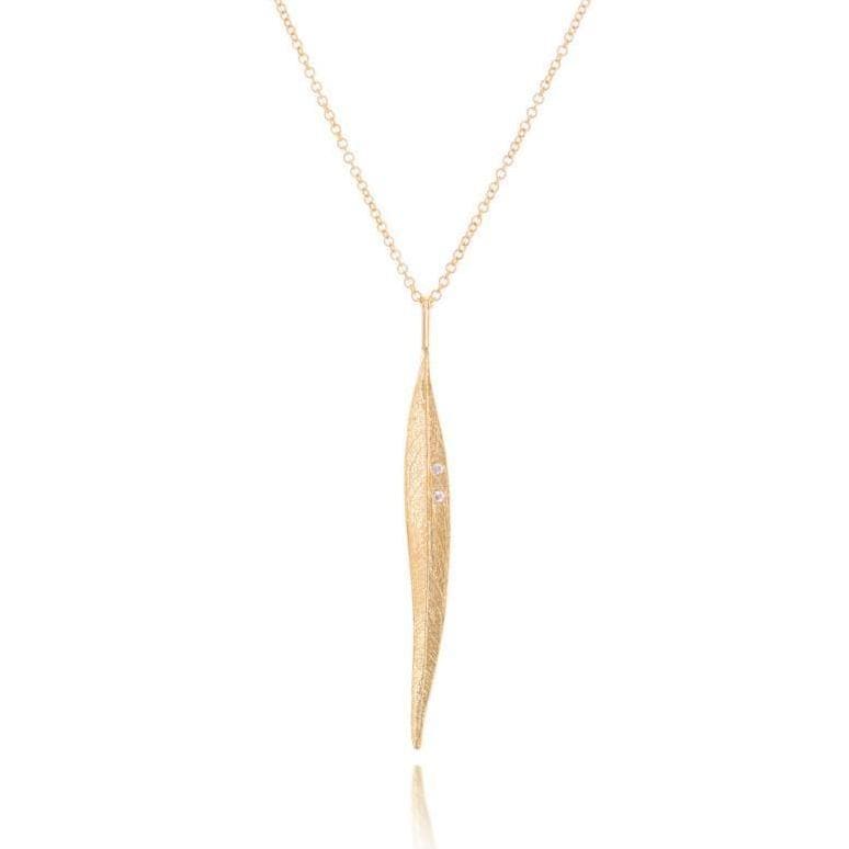 Dalia T Necklace Nature Collection 14KT Yellow Gold Diamonds long Leaf Pendnat Necklace