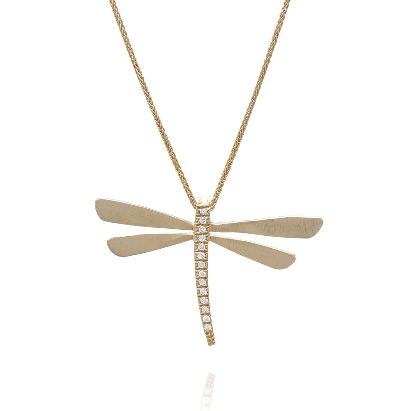 Dalia T Necklace Signature Collection 14KT YG Medium Dragonfly Pendant Necklace with Diamonds