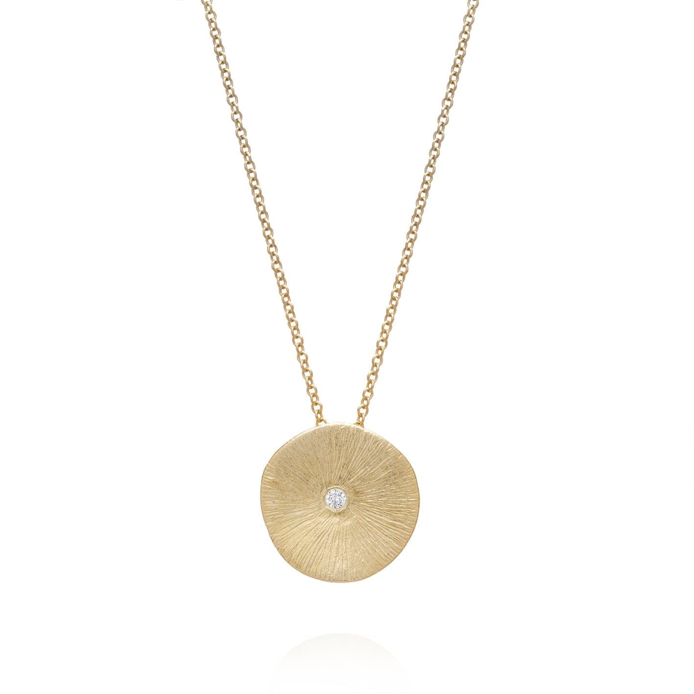 Dalia T Necklace Signature Collection 14KT YG Medium Textured Circle Pendant Necklace with Diamonds