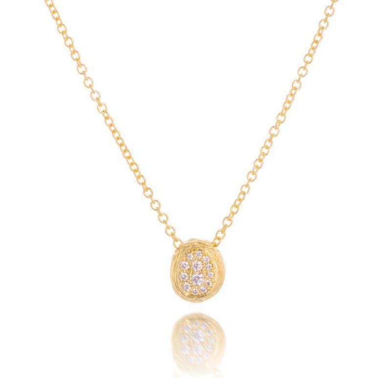 Dalia T Necklace Textured Gold Signature Collection 14KT Yellow Gold & Diamond Pavé Oval Pendant Necklace