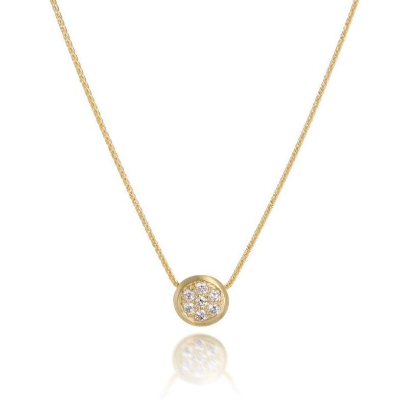 Dalia T Necklace Textured Gold Signature Collection 14KT Yellow Gold & Diamond Pavé Round Pendant Necklace