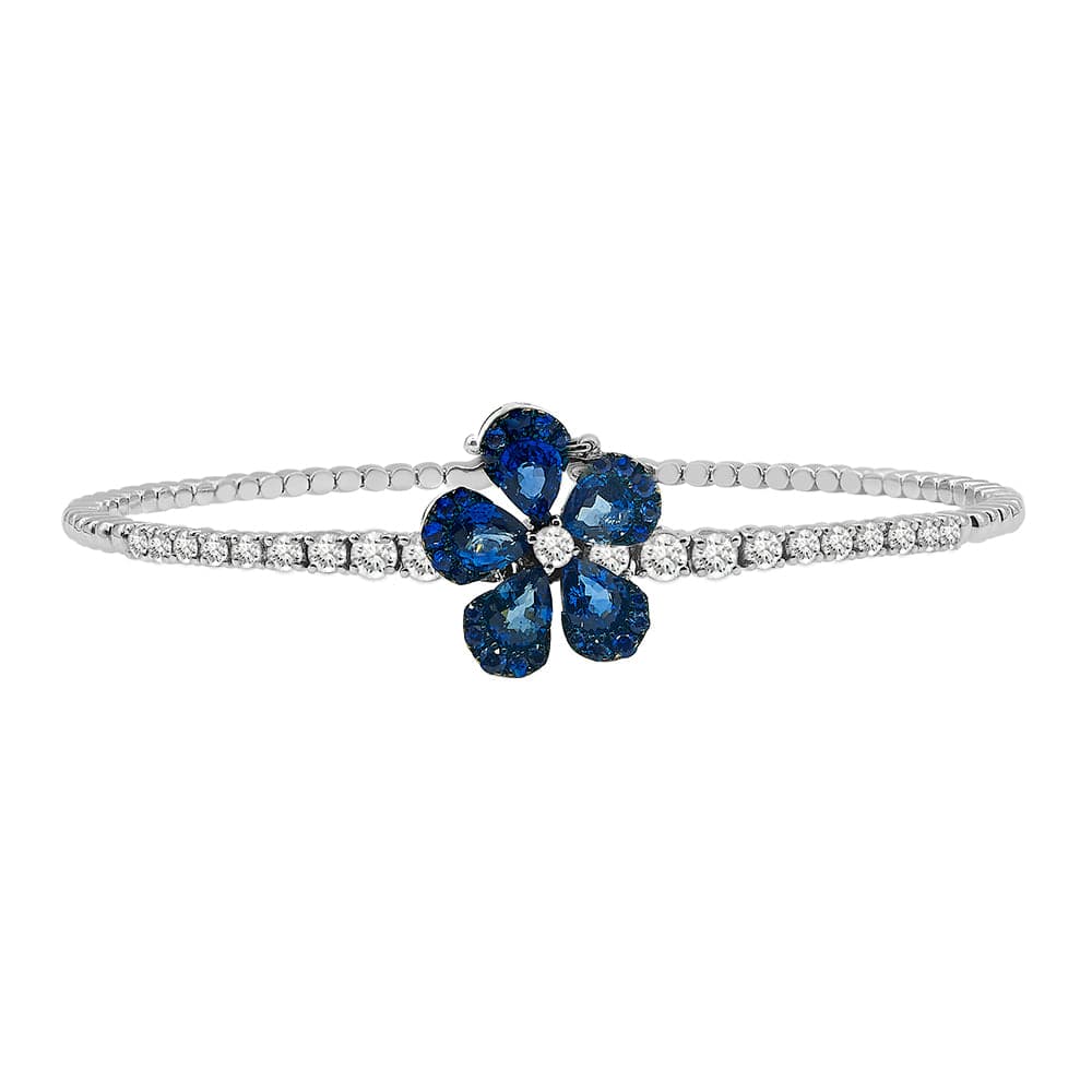 Dalia T Online Bracelet Couture 18KT White Gold Flexi Diamond Bracelet with a Ceylon Blue Sapphire Flower