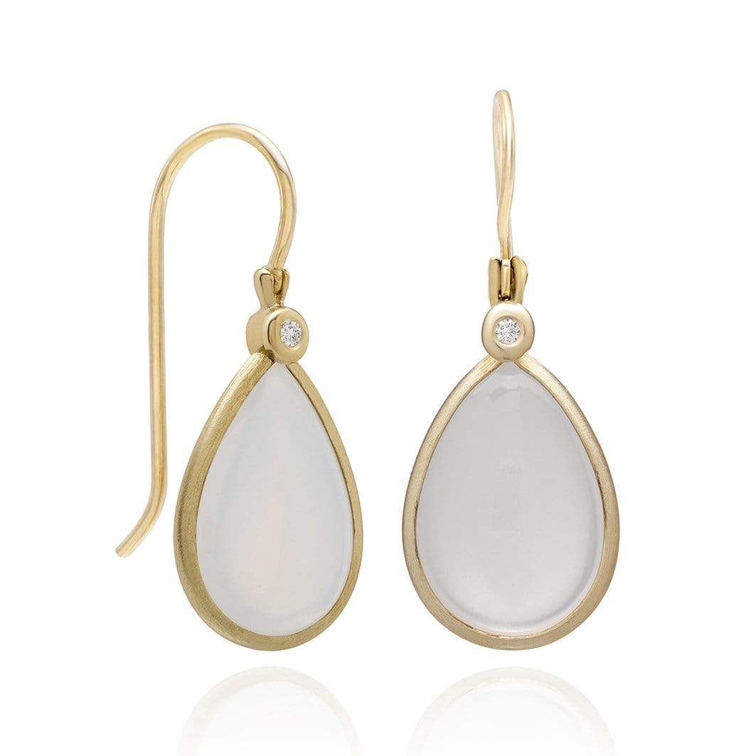 Dalia T Online Earrings Color Collection 14KT YG Tear Drop White Moonstone & Diamonds dangle Earrings