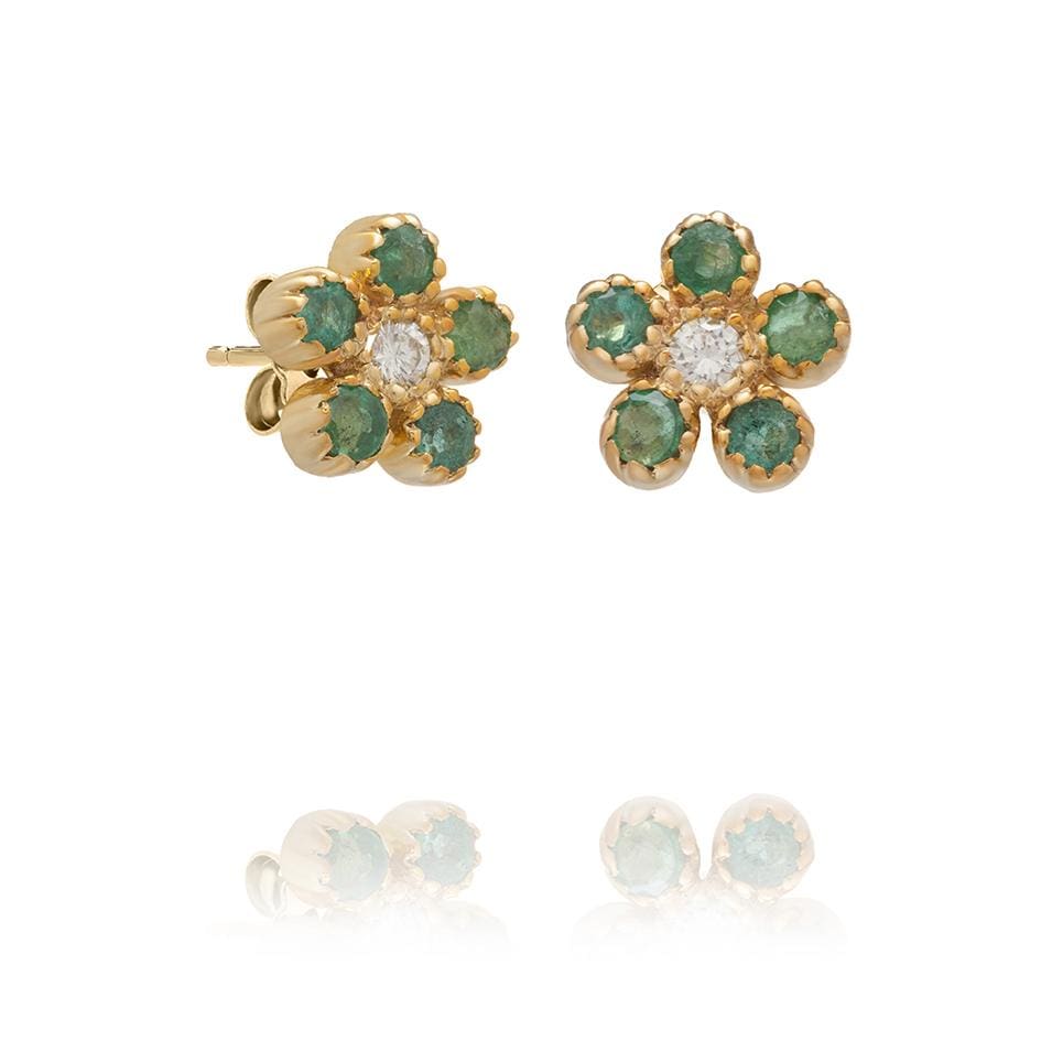 Dalia T Online Earrings Delicate Collection 14KT YG Emerald Flower & Diamond Stud Earrings