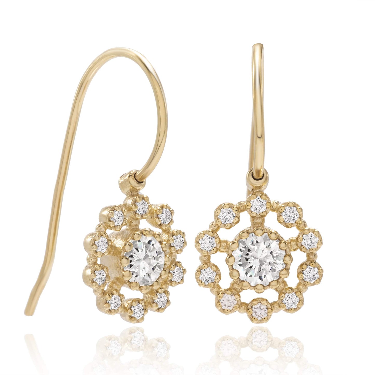 Dalia T Online Earrings Lace Collection 14KT Yellow Gold Diamond Earrings on a Hook