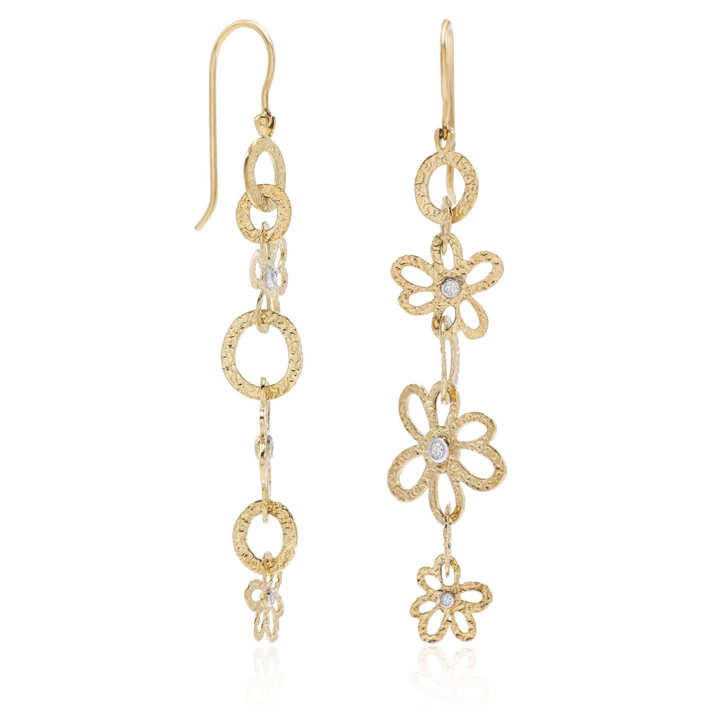 Dalia T Online Earrings Nature Collection 14KT Yellow Gold & Diamonds Flower Combination Long Earrings