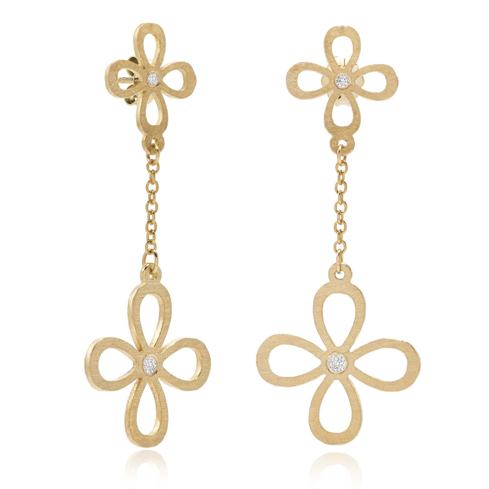 Dalia T Online Earrings Nature Collection 14KT Yellow Gold & Diamonds  Flower Frame Dangle Earrings