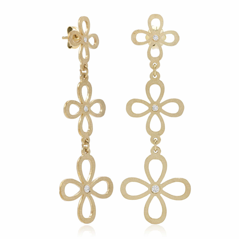 Dalia T Online Earrings Nature Collection 14KT Yellow Gold & Diamonds  Flower Frame Dangle Earrings