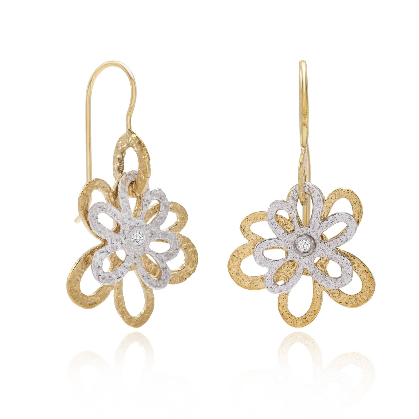 Dalia T Online Earrings Nature Collection 14KT Yellow & White Gold Multi Flowers Drop Earrings