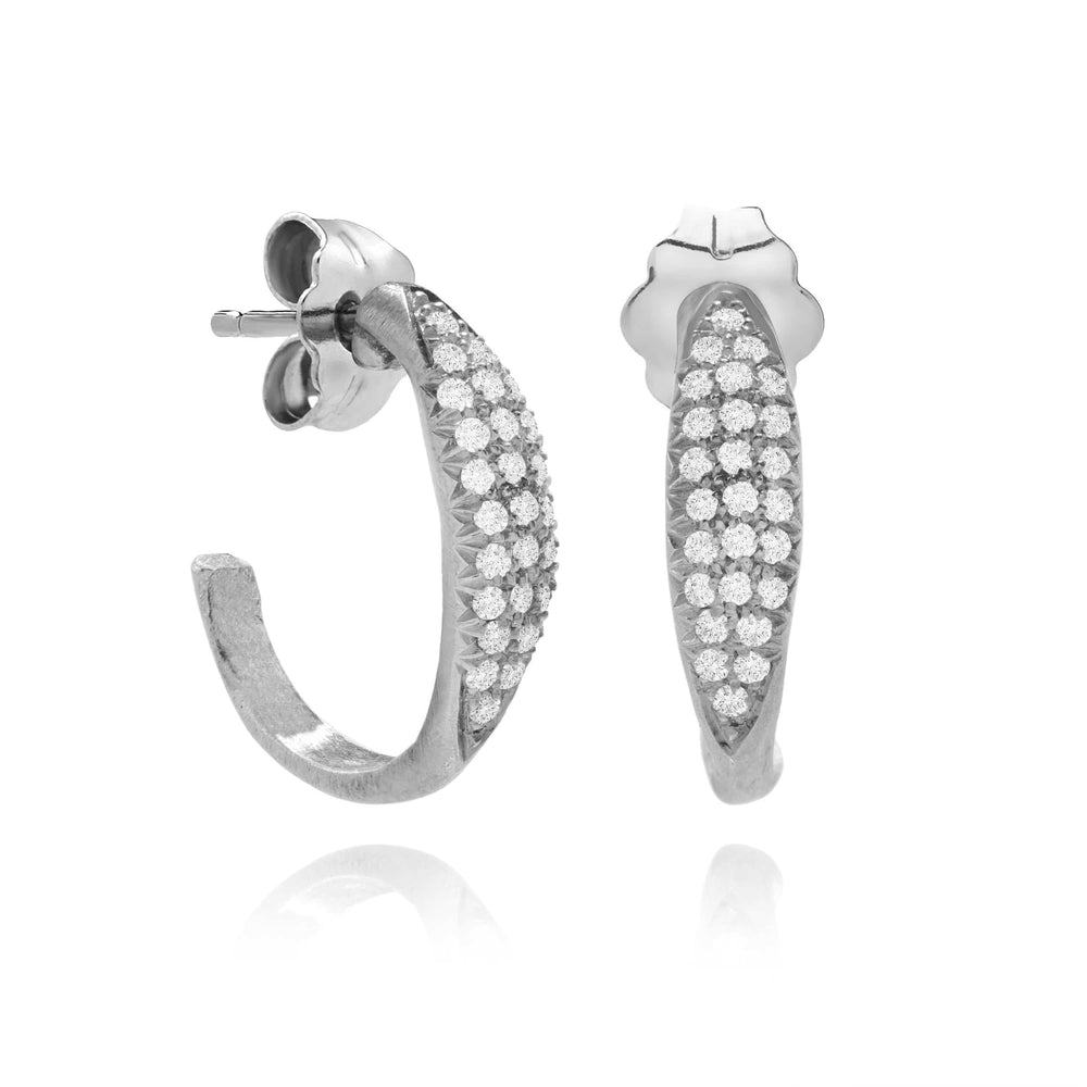 Dalia T Online Earrings Textured Gold Signature Collection 14KT White Gold 12mm Pave Diamond Hoop Earrings