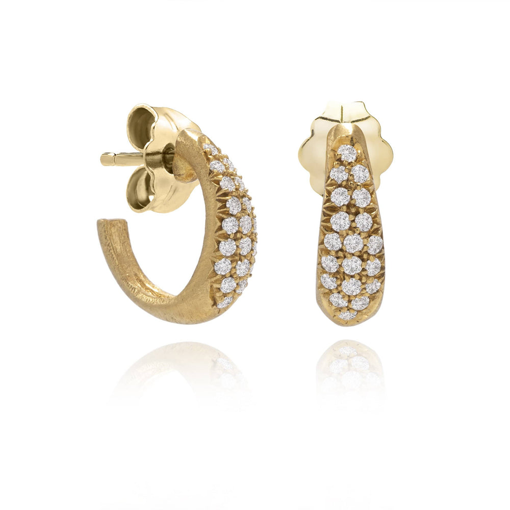 Dalia T Online Earrings Textured Gold Signature Collection 14KT Yellow Gold 10mm Pave Diamond Hoop Earrings