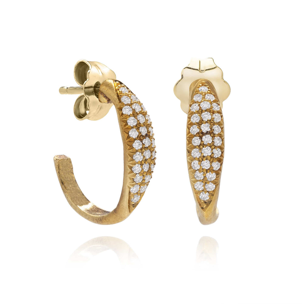 Dalia T Online Earrings Textured Gold Signature Collection 14KT Yellow Gold 12mm Pave Diamond Hoop Earrings