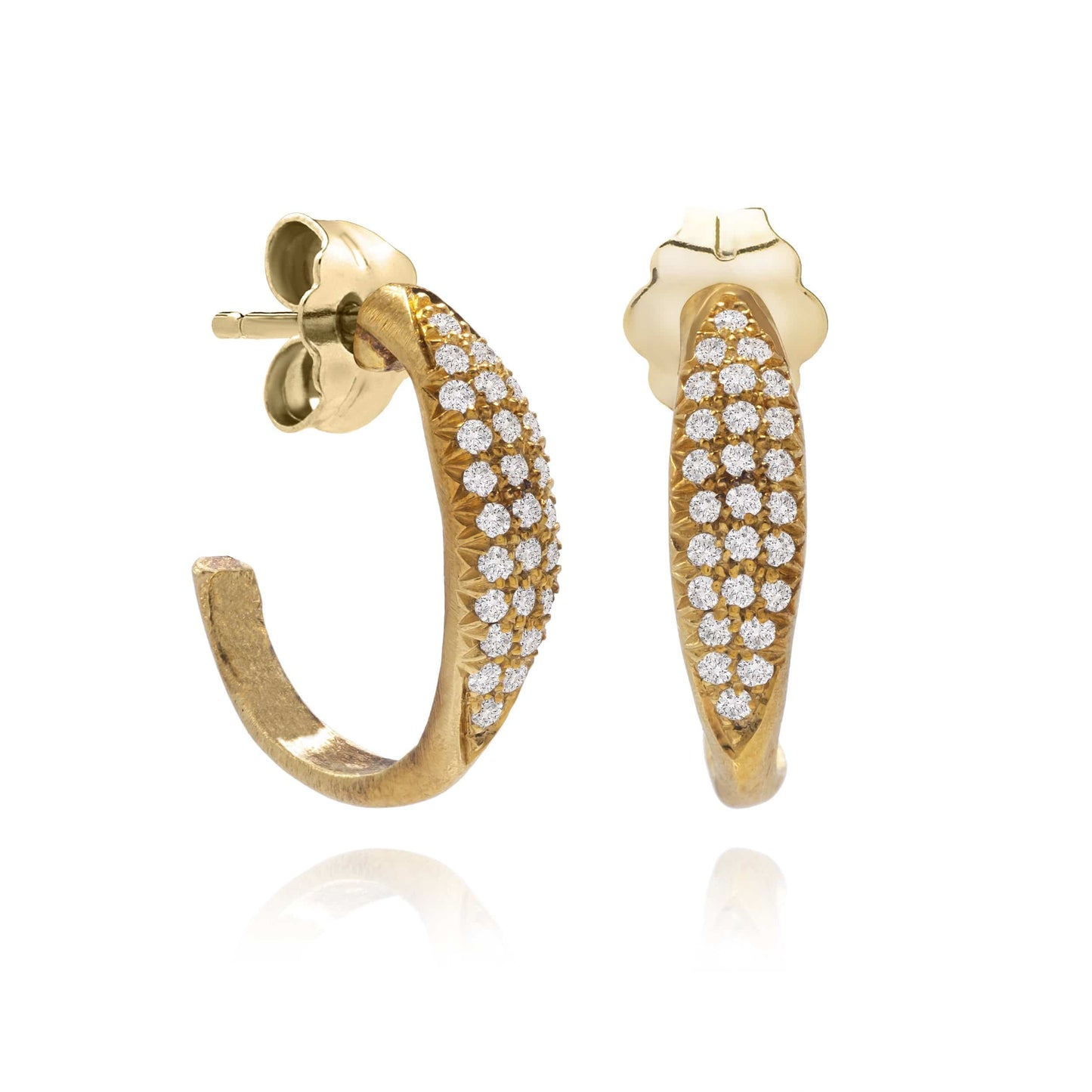 Dalia T Online Earrings Textured Gold Signature Collection 14KT Yellow Gold 12mm Pave Diamond Hoop Earrings