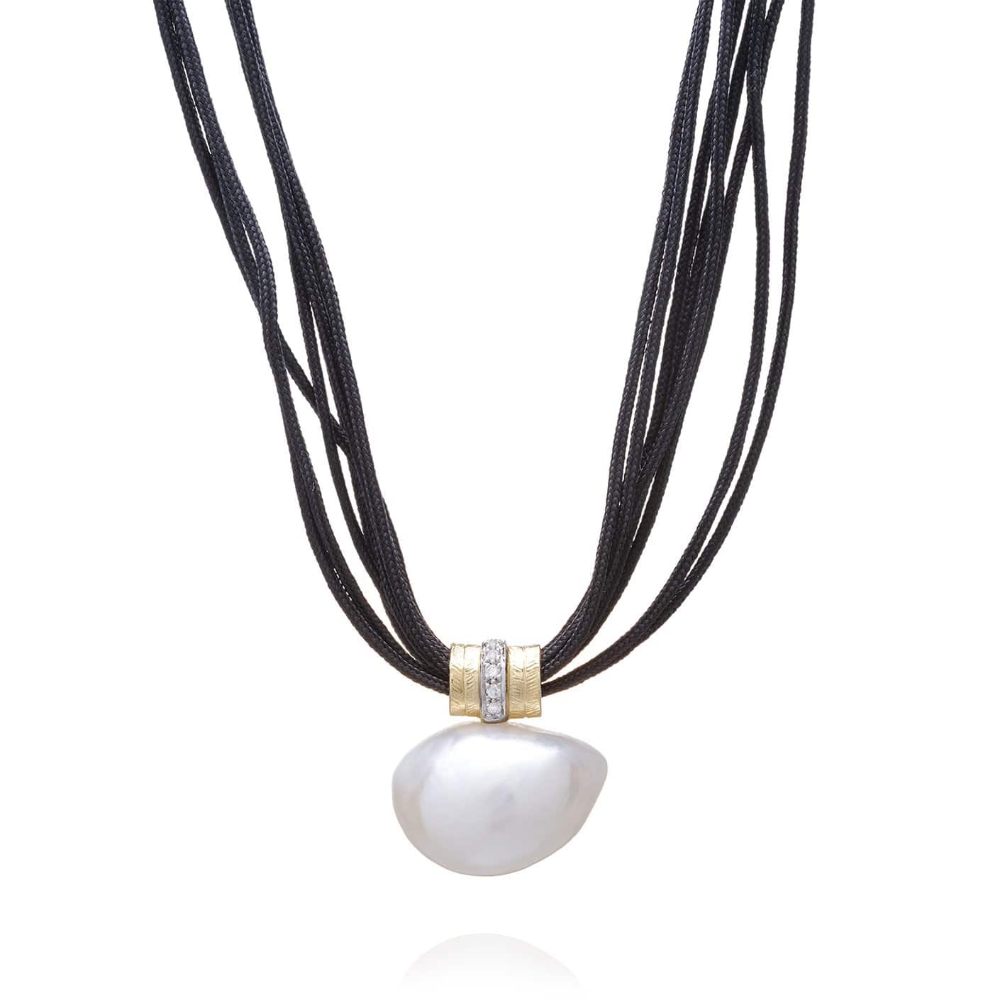 Dalia T Online Luster Collection 14KT YG Pearl & Diamonds Pendant on black cords Necklace