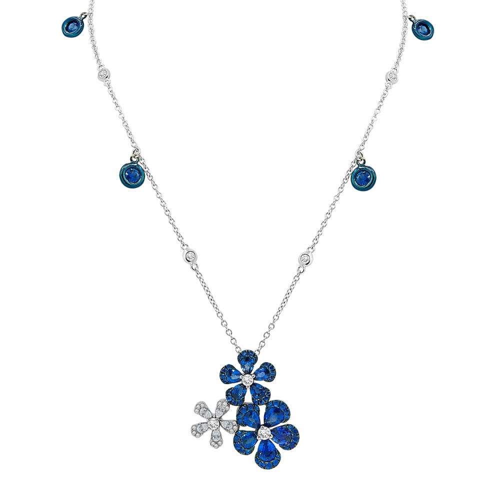 Dalia T Online Necklace Couture 18KT White Gold Diamond & Blue Sapphires Flower Necklace