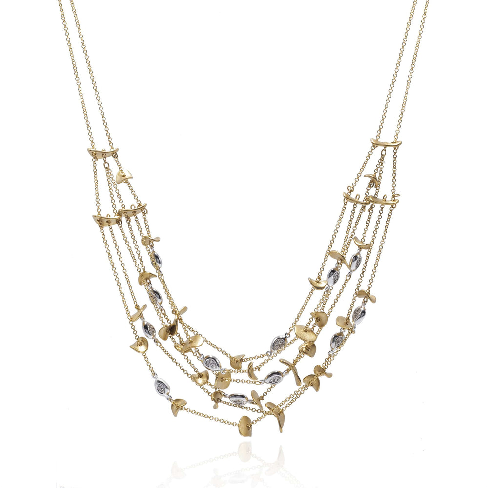 Dalia T Online Necklace Nature Collection 14KT Yellow Gold & White Diamonds Drops Multi Layers Necklace