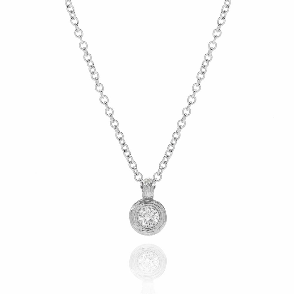 Dalia T Online Necklace Textured Gold Signature Collection 14KT White Gold Diamond one stone Pendant Necklace