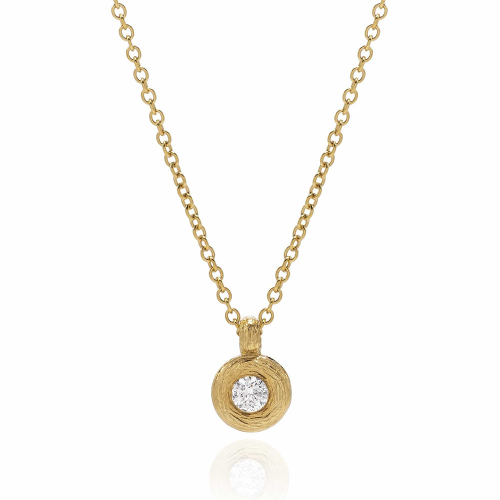 Dalia T Online Necklace Textured Gold Signature Collection 14KT Yellow Gold Diamond one stone Pendant Necklace