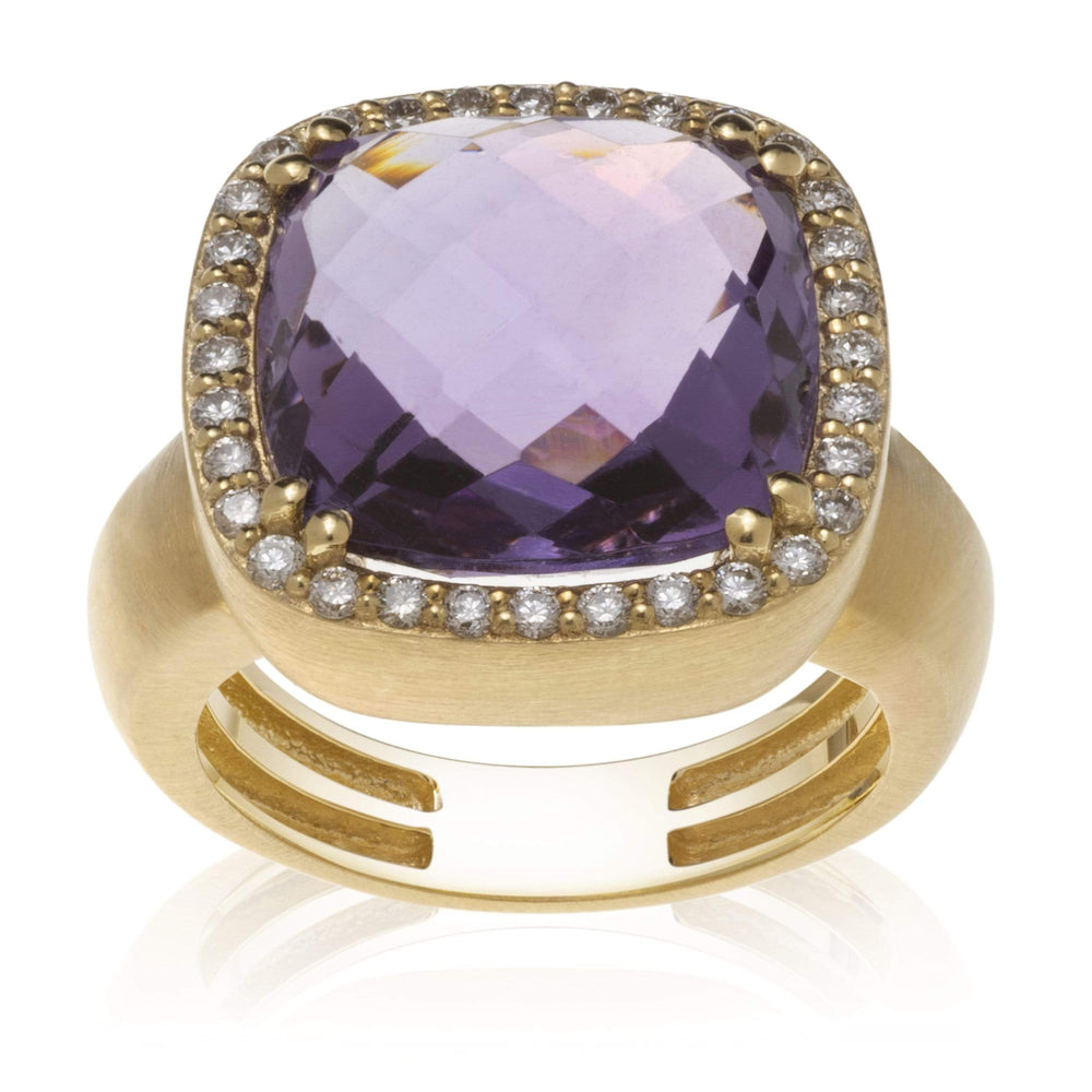 Dalia T Online Ring Color Collection 14KT Yellow Gold Amethyst and 0.33CT Diamonds Statement Ring