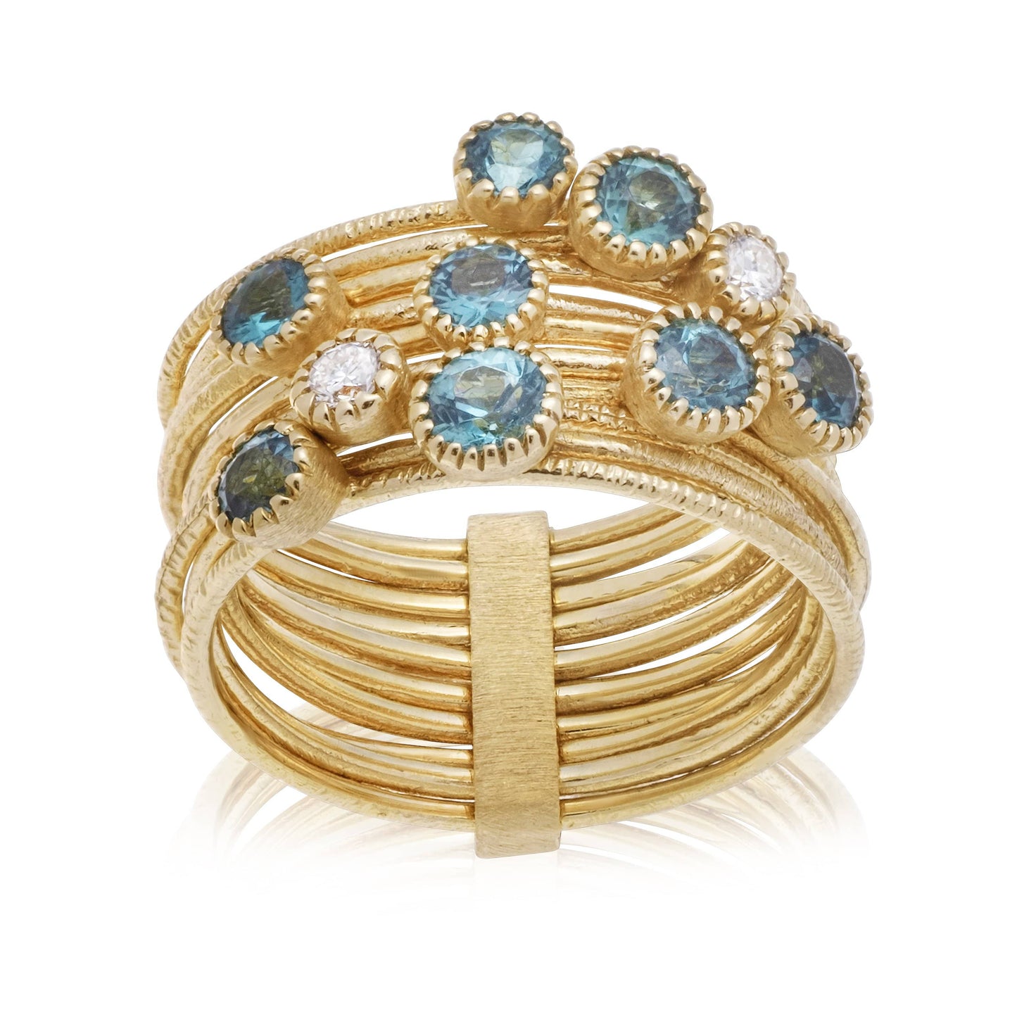Dalia T Online Ring Color 14KT Yellow Gold Multi-Wire Stacker Ring with Gems & Diamonds