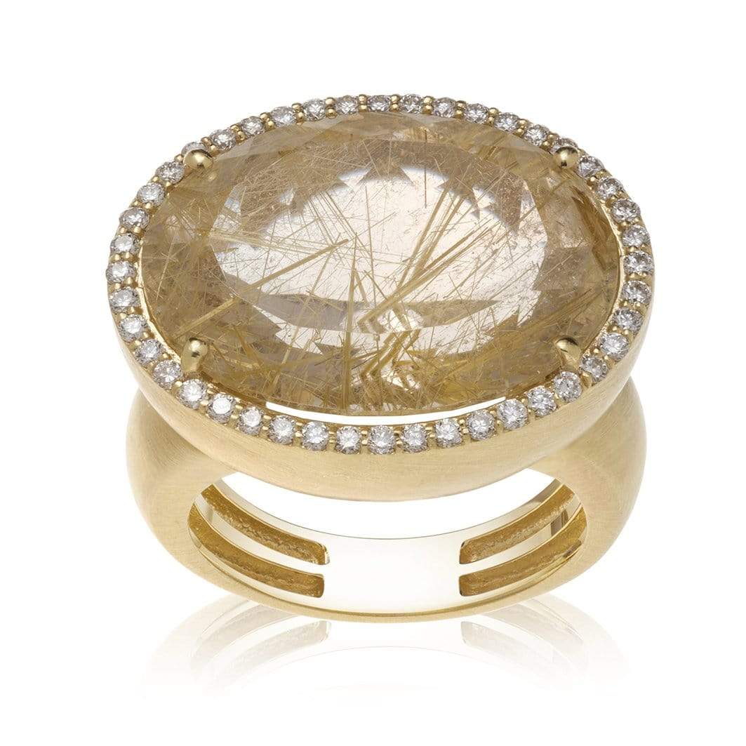 Dalia T Online Ring Color Collection 14KT YG Routillated Quartz & Diamonds Cocktail Ring