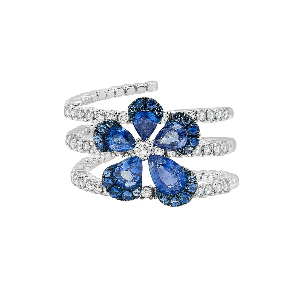 Dalia T Online Ring 5 Couture Collection 18KT White Gold Diamond & Blue Sapphires Flower Coil Ring