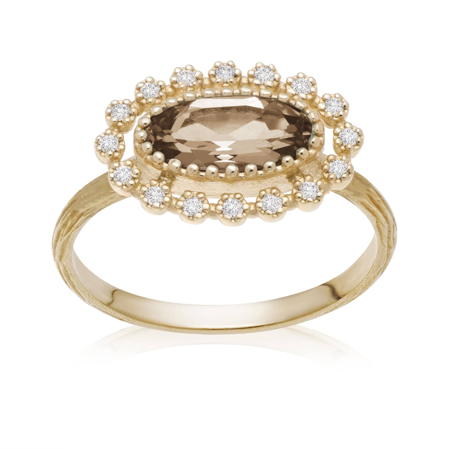 Dalia T Online Ring Lace Collection 14KT Yellow Gold Oval Smoky Quartz & Diamond Ring