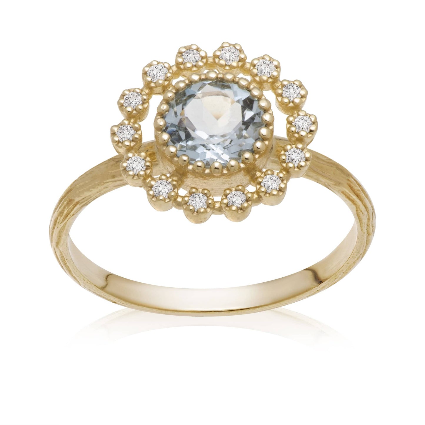 Dalia T Online Ring Lace Collection 14KT Yellow Gold Round Blue Topaz & Diamond Ring