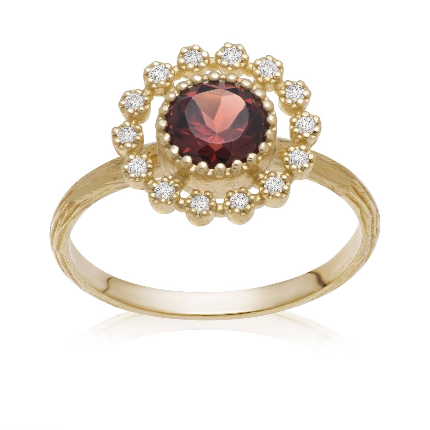 Dalia T Online Ring Lace Collection 14KT Yellow Gold Round Garnet & Diamond Ring