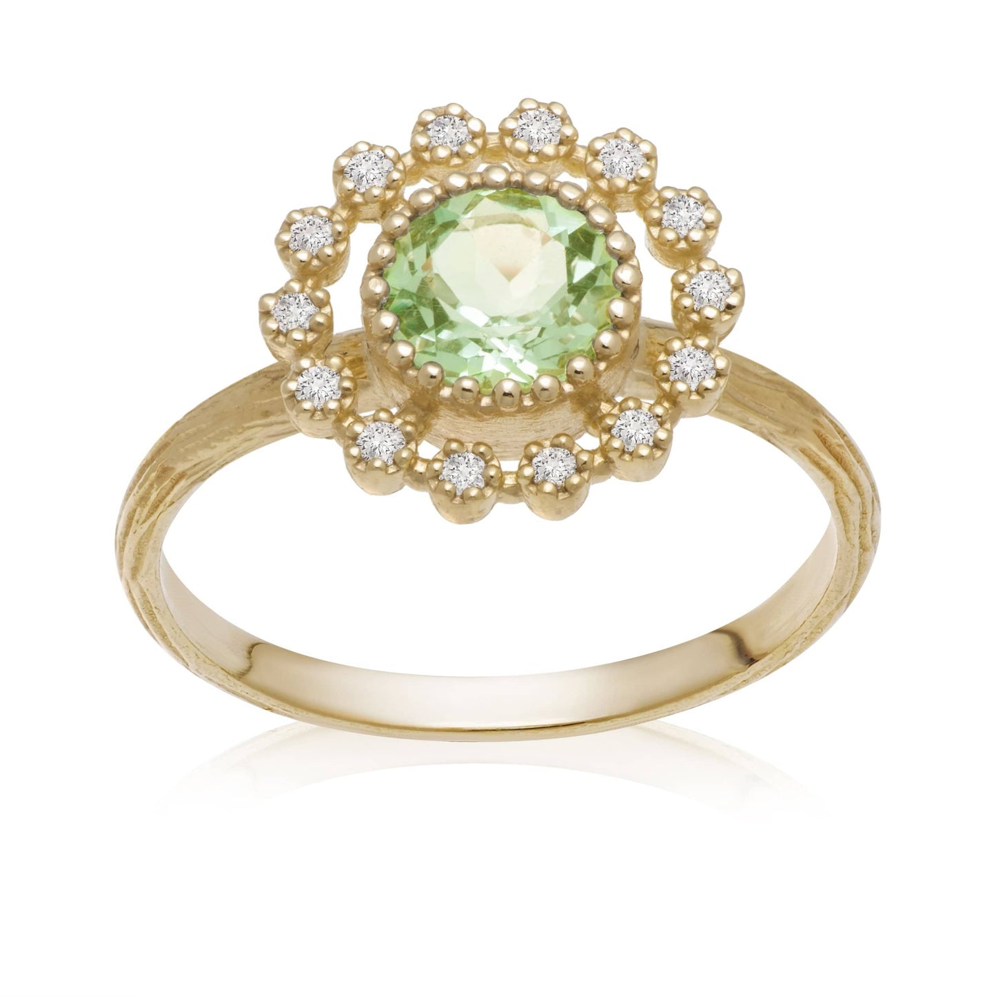 Dalia T Online Ring Lace Collection 14KT Yellow Gold Round Peridot & Diamond Ring