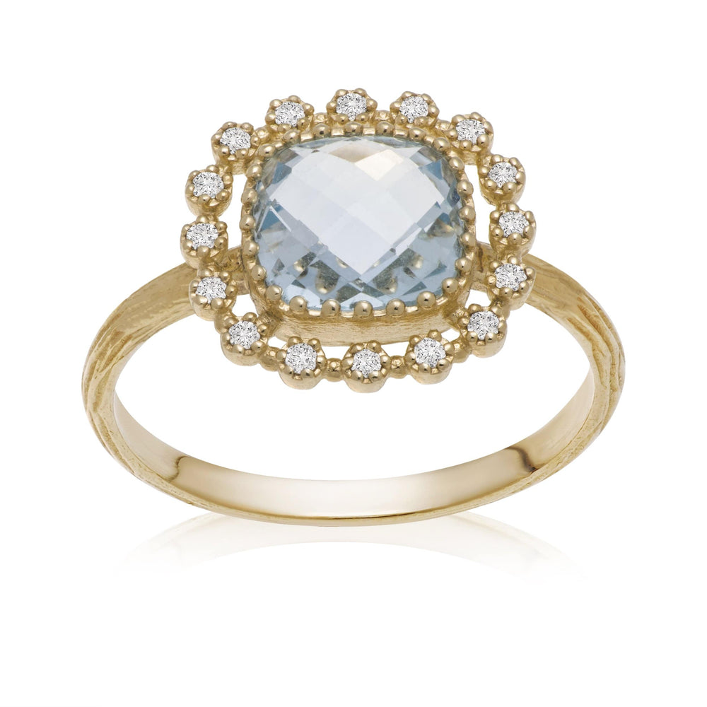 Dalia T Online Ring Lace Collection 14KT Yellow Gold Square Blue Topaz & Diamond Ring