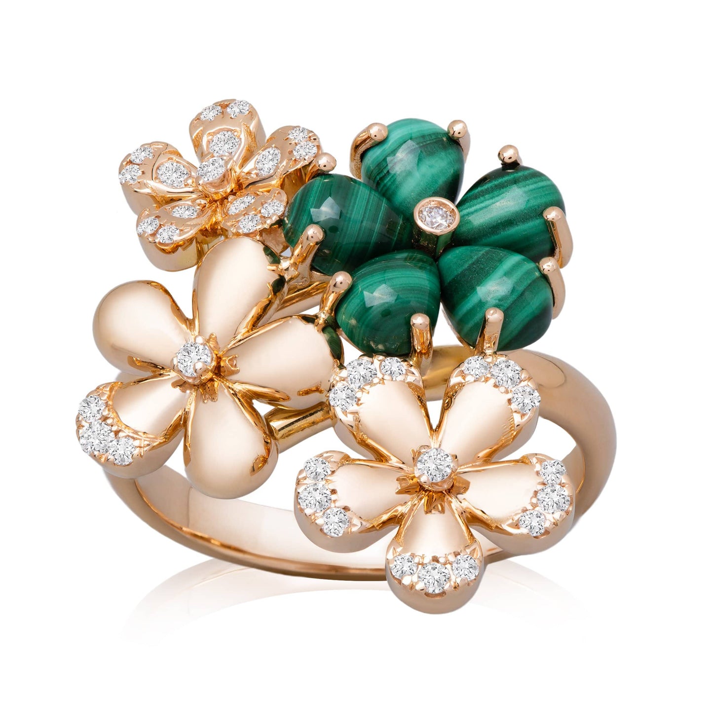 Dalia T Online Ring Nature collection 18KT Rose Gold Flower Ring with Green Malachite & Diamonds