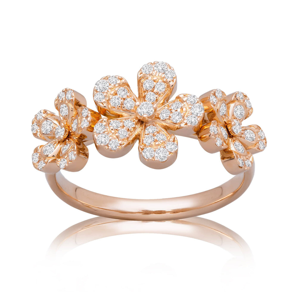 Dalia T Online Ring Nature Collection 18KT Rose Gold Triple Flower Ring with Diamonds