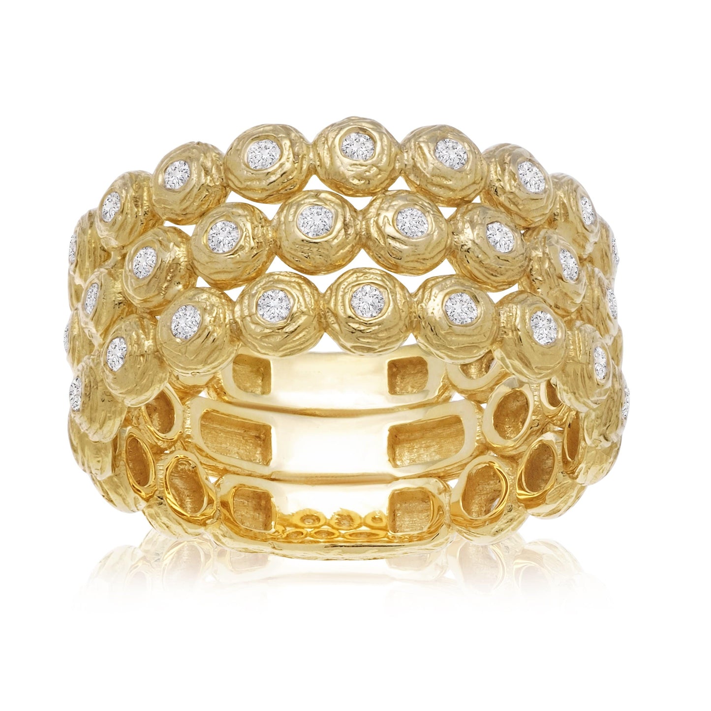 Dalia T Online Ring Textured Gold Signature Collection 14KT Yellow Gold 0.44CT 3 Rows Brilliant Diamond Wide Eternity Ring