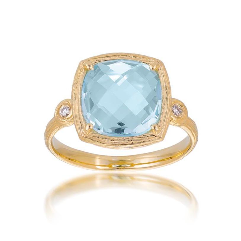 Dalia T Ring Color Collection 14KT Yellow Gold Blue Topaz & Diamond Cushion Cut Ring